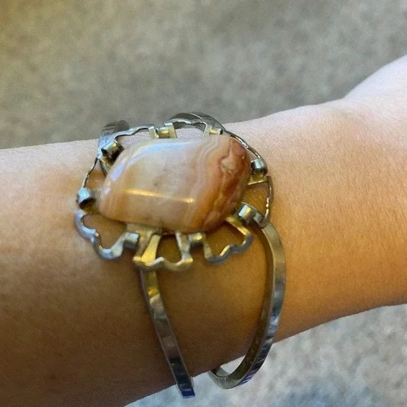 Rare Vintage Native American Sterling Silver Pink Gemstone Women Bracelet - Picture 4 of 10